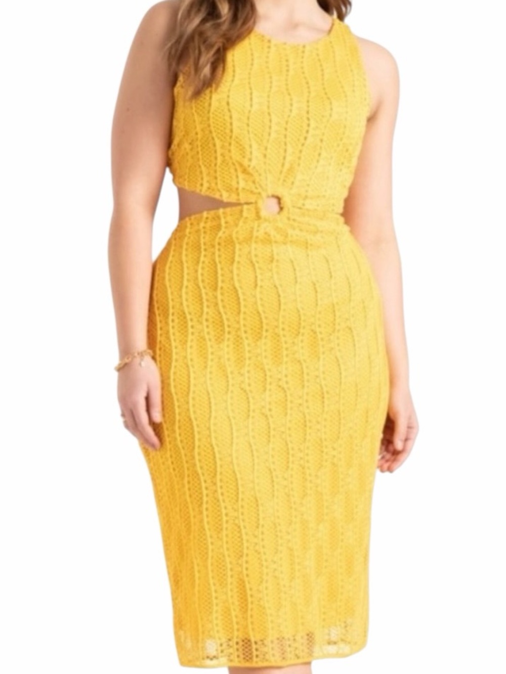 Eloquii Yellow Crochet Knit Cutout Ring Detail Sleeveless Midi Dress 14